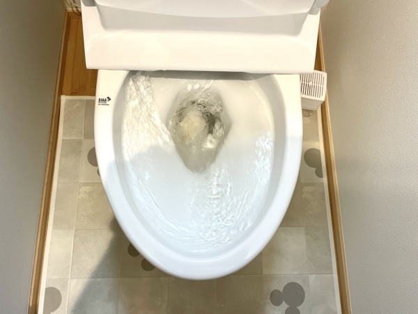 トイレつまり修理（排水管高圧洗浄）工事　工事後　トイレ排水テスト実施　異常無し