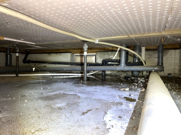 水道修理（給湯管漏水・応急処置）工事　床下漏水調査中