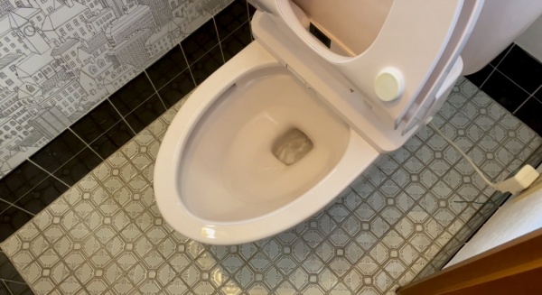 トイレつまり修理・調査（便器脱着・排水管内カメラ調査）工事　工事後　排水テスト　異常無し
